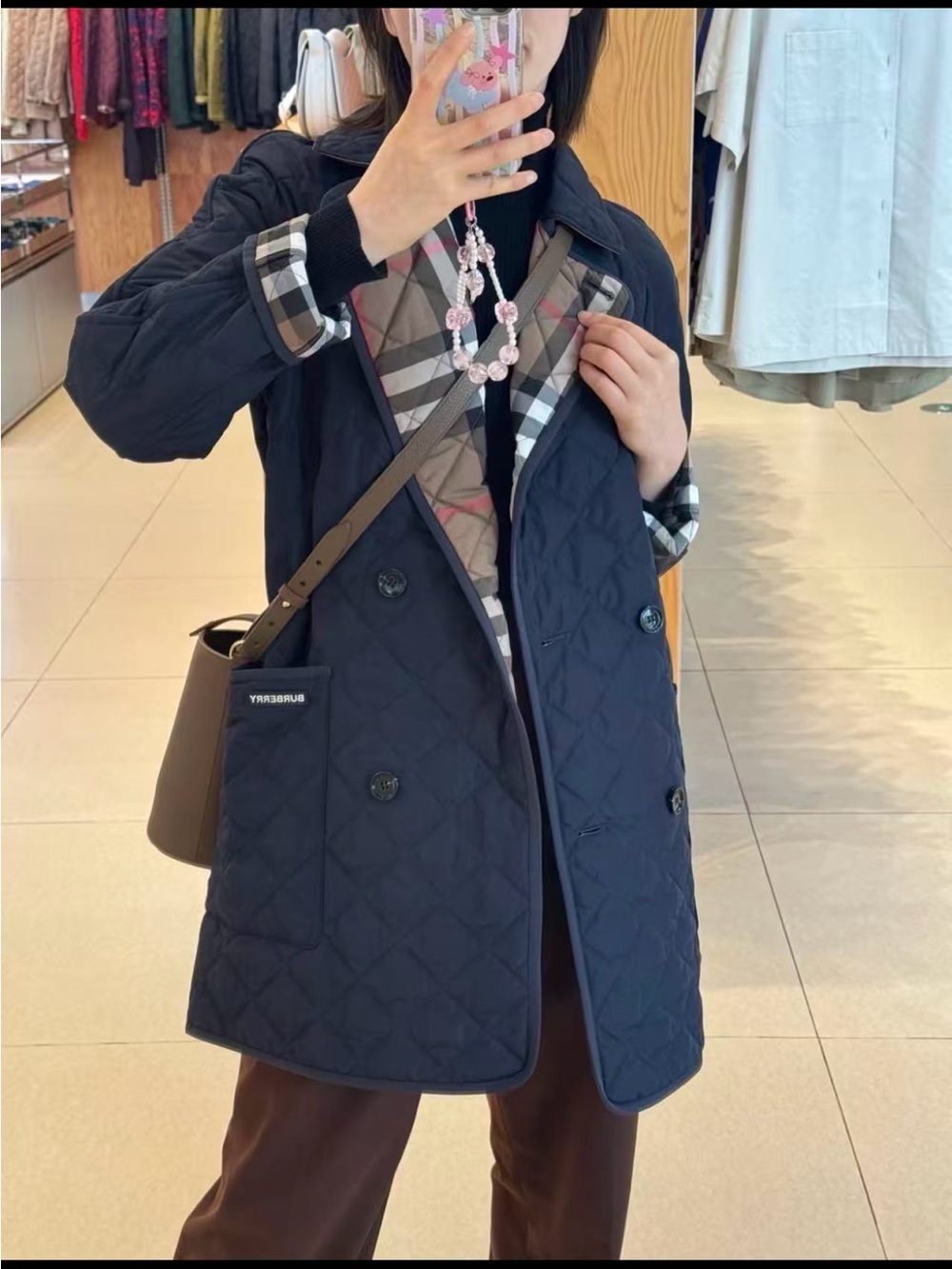 Burberry Navy Quilted Double-Breasted Puffer Coat with Signature Check Trim